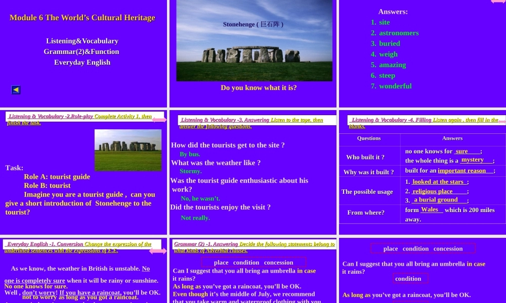 Module 6 The World s Cultural Heritage共5课时[TY]ppt 新课标外研英语选修七全部课件二