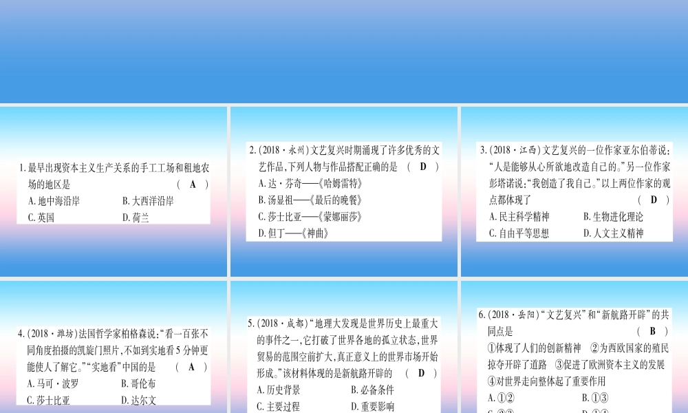 (云南专用)中考历史总复习 第一篇 考点系统复习 板块4 世界古、近代史 主题三 近代早期的西欧、欧美主要国家的资产阶九年级革命(精练)课件