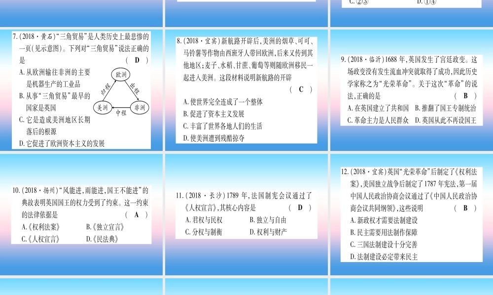 (云南专用)中考历史总复习 第一篇 考点系统复习 板块4 世界古、近代史 主题三 近代早期的西欧、欧美主要国家的资产阶九年级革命(精练)课件