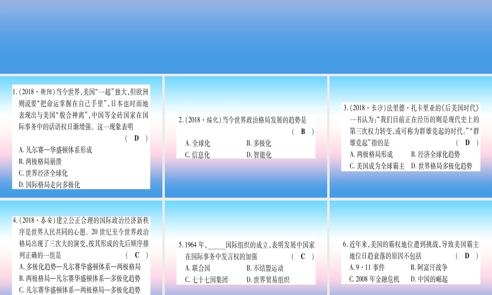 (云南专用)中考历史总复习 第一篇 考点系统复习 板块5 世界现代史 主题四 冷战 结束后世界的多极化趋势(精练)课件