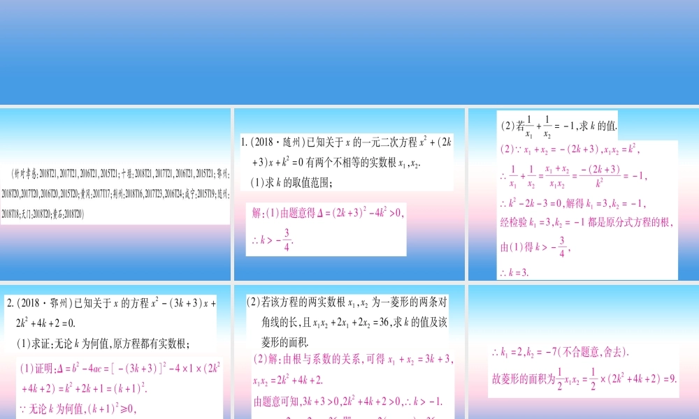 (湖北专版)中考数学总复习 第2轮 中档题突破 专项突破2 一元一次方程根的判别式及与系数的关系习题课件