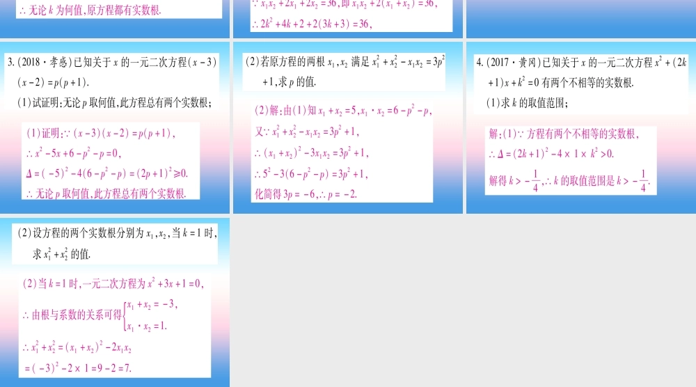 (湖北专版)中考数学总复习 第2轮 中档题突破 专项突破2 一元一次方程根的判别式及与系数的关系习题课件