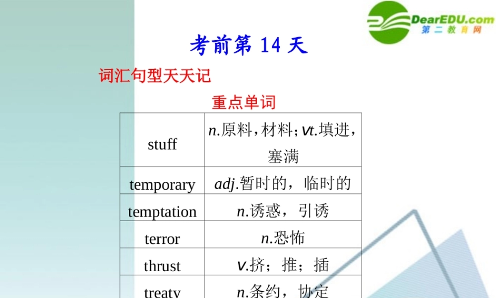 (四川省专用)高三英语二轮复习 考前特训必看第14天必会知识专题课件