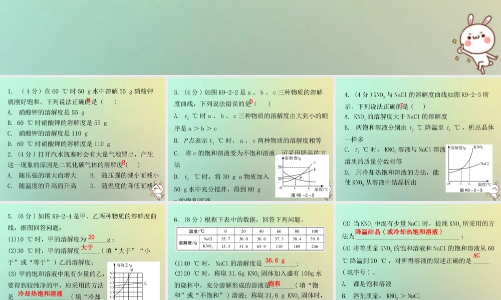 九年级化学下册 第九单元 溶液 课题2 溶解度 课时2 溶解度与溶解度曲线(小测本)课件 (新版)新人教版 课件