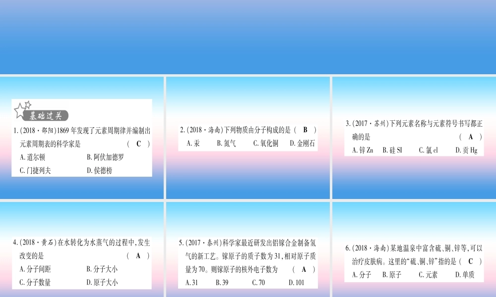 (云南专用)中考化学总复习 第1部分 教材系统复习 九上 第3单元 物质构成的奥秘(精练)课件