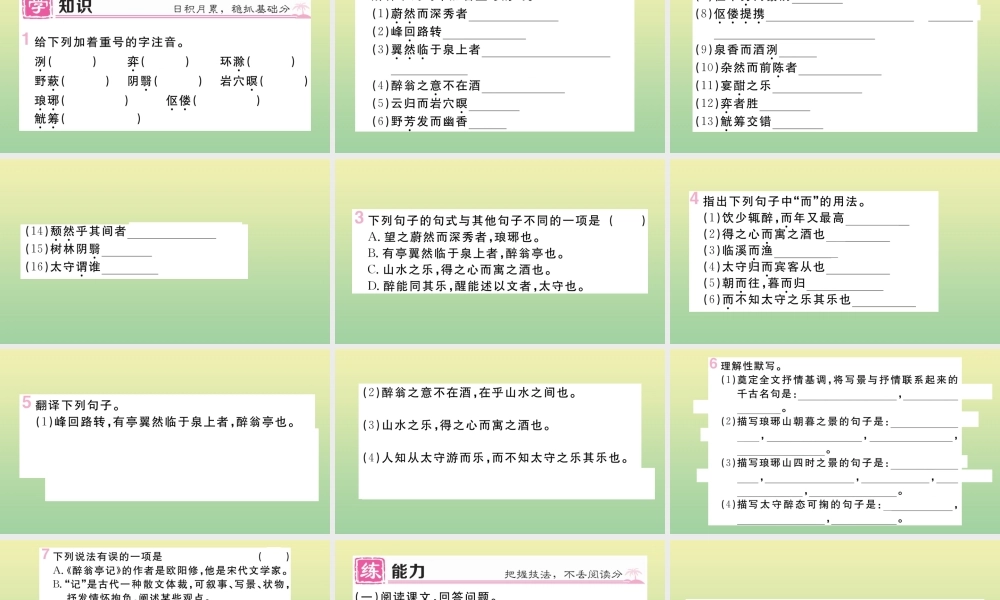 (河北专版)九年级语文上册 第三单元 11 醉翁亭记作业课件 新人教版 课件