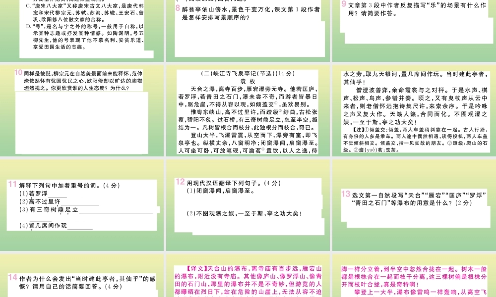 (河北专版)九年级语文上册 第三单元 11 醉翁亭记作业课件 新人教版 课件