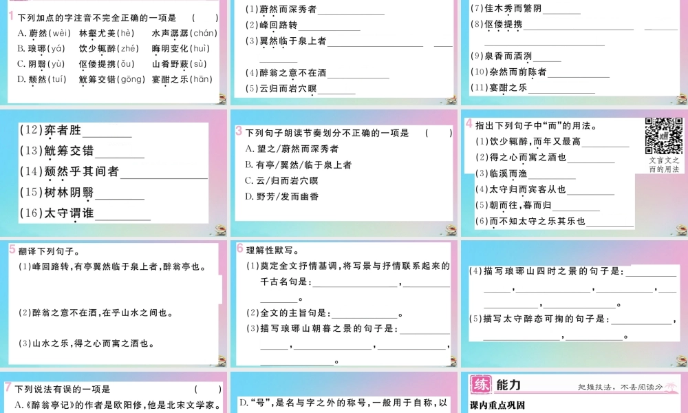 (贵州专版)九年级语文上册 第三单元 11 醉翁亭记作业课件 新人教版 课件