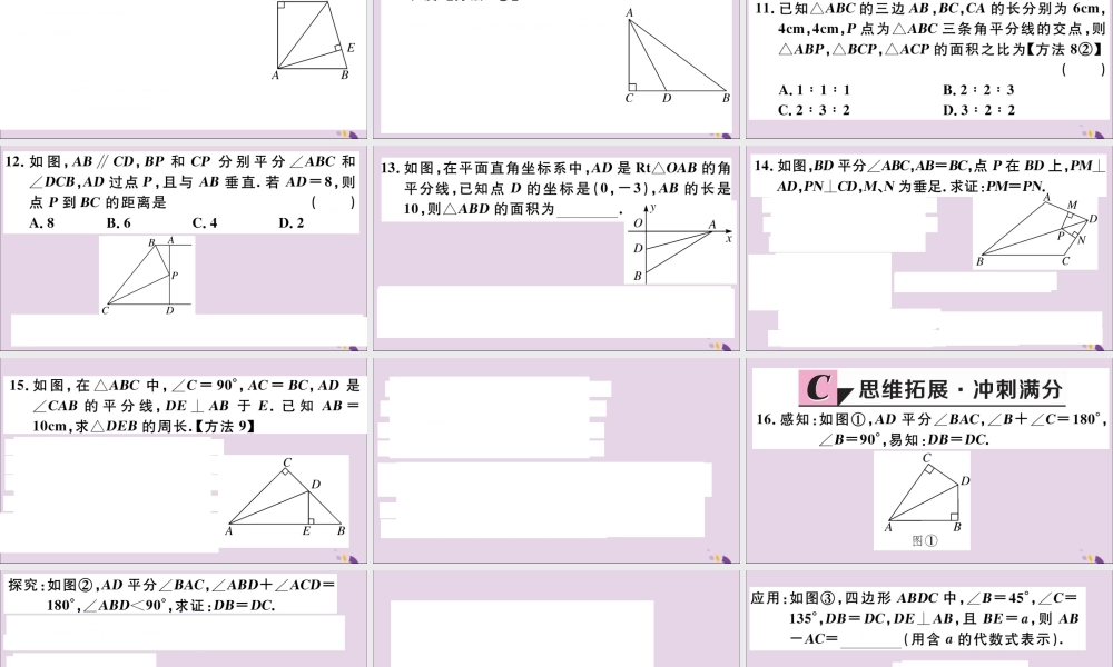 (河北专版)八年级数学上册 12.3 角的平分线的性质 第1课时 角平分的性质习题课件 (新版)新人教版 课件