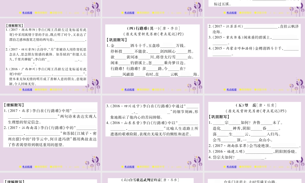 中考语文复习 第二部分 古诗文积累与阅读 专题一 古诗词曲(一)课件