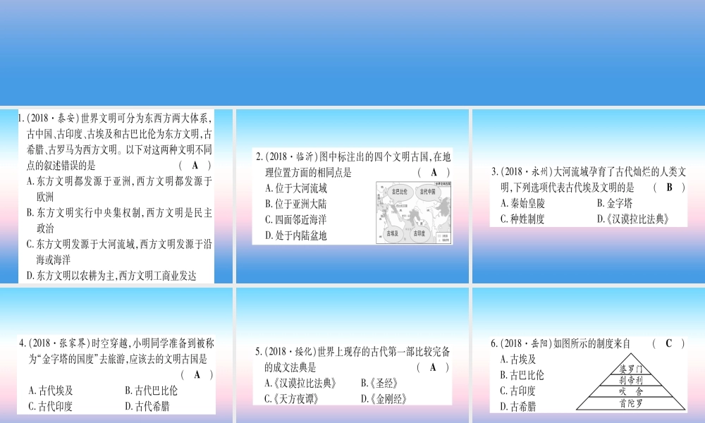 (云南专用)中考历史总复习 第一篇 考点系统复习 板块4 世界古、近代史 主题一 世界古代文明的产生与发展(精练)课件