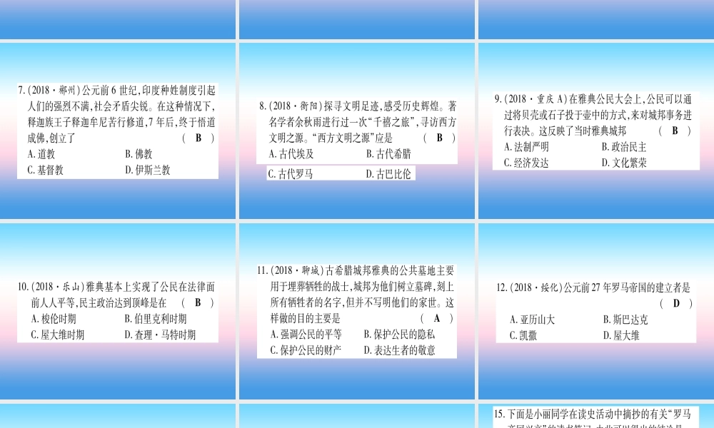 (云南专用)中考历史总复习 第一篇 考点系统复习 板块4 世界古、近代史 主题一 世界古代文明的产生与发展(精练)课件