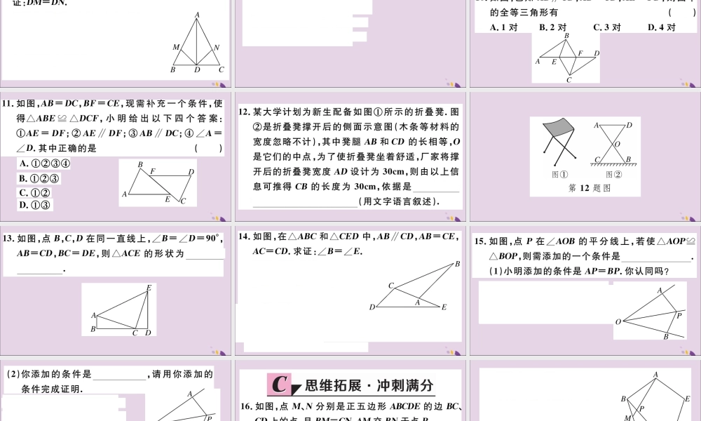 (河北专版)八年级数学上册 12.2 三角形全等的判定 第2课时 边角边 习题课件 (新版)新人教版 课件