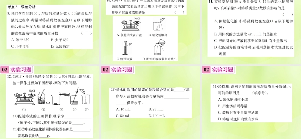 九年级化学下册 第九单元 溶液 实验活动5 一定溶质质量分数的氯化钠溶液的配制复习课件 (新版)新人教版 课件