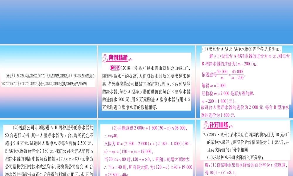 (湖北专版)中考数学总复习 第2轮 中档题突破 专项突破3 实际应用与方案设计 类型5 函数与方程(组)、不等式结合的实际应用习题课件