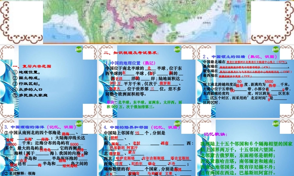 七年级地理上册 第二章中国的疆域和人口复习课件 中图版 课件