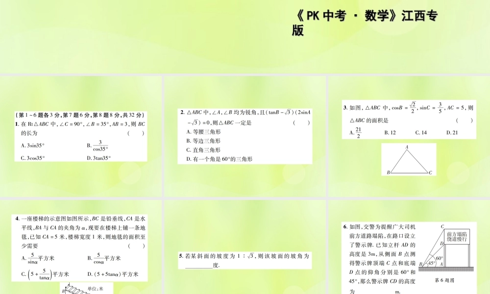 中考数学总复习 第四单元 三角形 第19课时 解直角三角形及其应用(高效集训本)课件
