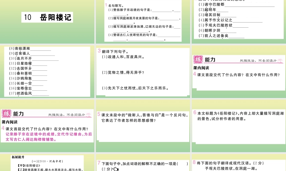 (河南专版)九年级语文上册 第三单元 10 岳阳楼记作业课件 新人教版 课件