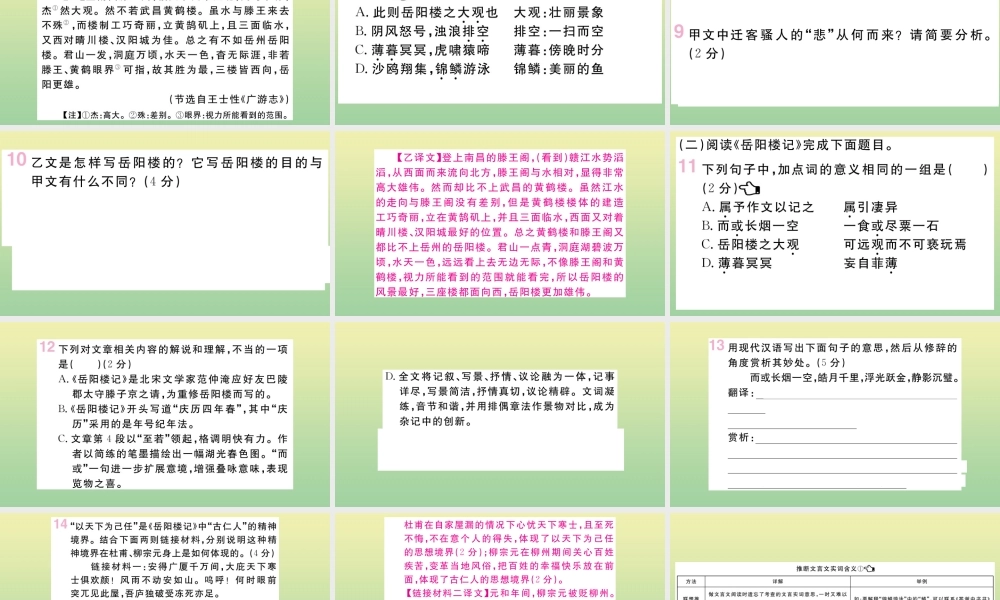 (河南专版)九年级语文上册 第三单元 10 岳阳楼记作业课件 新人教版 课件