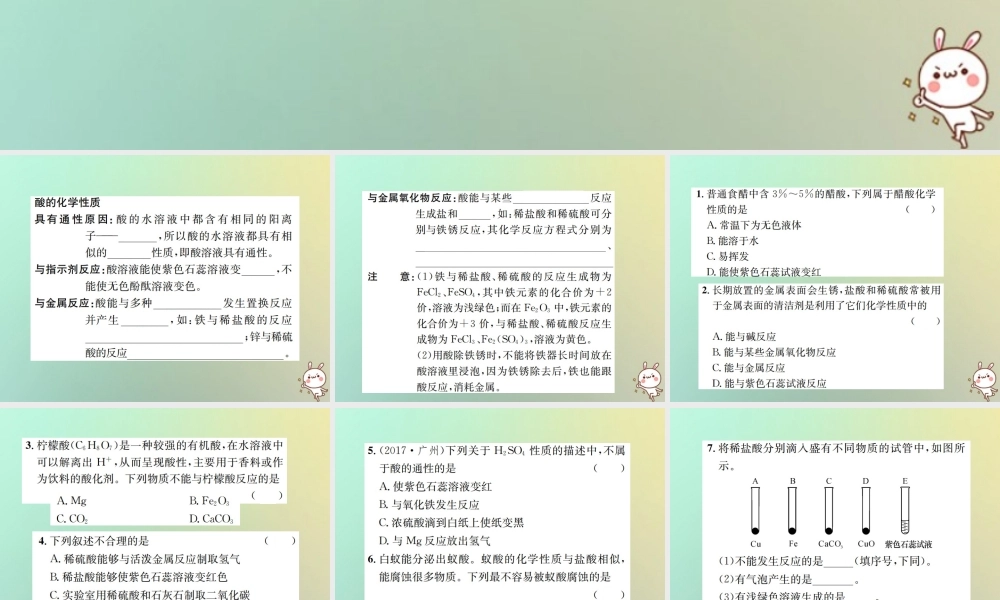 九年级化学下册 第十单元 酸和碱 课题1 常见的酸和碱 第3课时 酸的化学性质习题课件 (新版)新人教版 课件