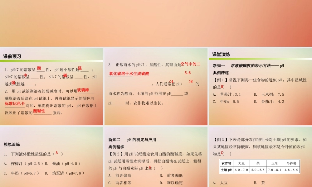 九年级化学下册 第十单元 酸和碱 课题2 酸和碱的中和反应 课时2 溶液酸碱度的表示方法及测定(内文)课件 (新版)新人教版 课件