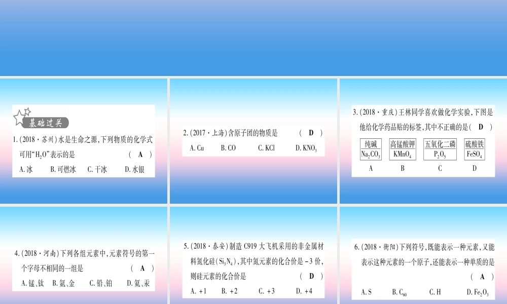 (云南专用)中考化学总复习 第1部分 教材系统复习 九上 第4单元 自然界的水 第2课时 物质组成的表示(精练)课件