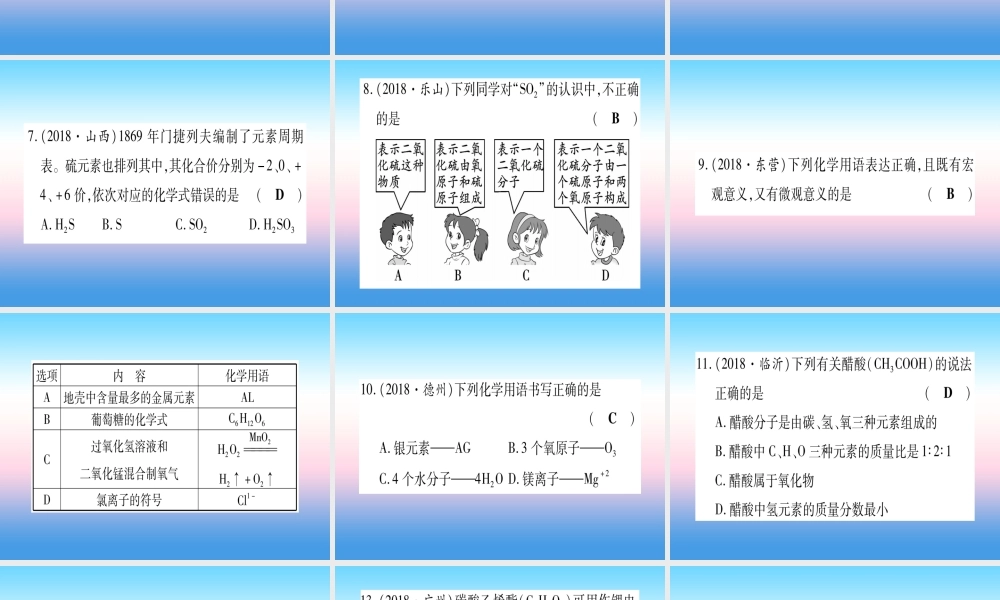 (云南专用)中考化学总复习 第1部分 教材系统复习 九上 第4单元 自然界的水 第2课时 物质组成的表示(精练)课件