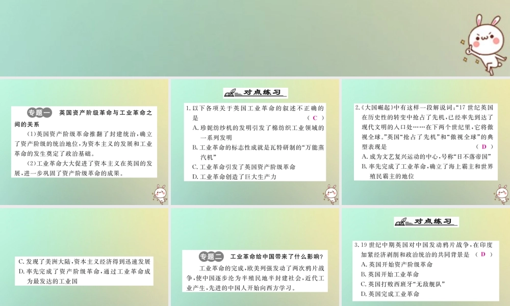 九年级历史上册 第七单元 工业革命、马克思主义的诞生和反殖民斗争专题整合习题课件 川教版 课件