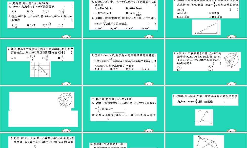 (湖北专用)九年级数学下册 综合滚动练习 锐角三角函数的有关计算习题讲评课件 (新版)新人教版 课件
