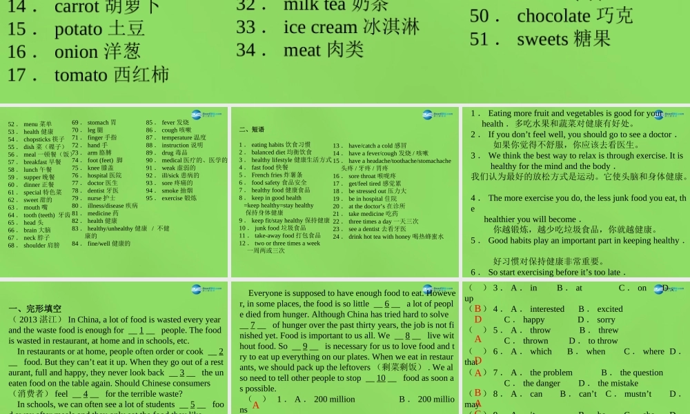 中考英语必备复习 饮食与健康课件