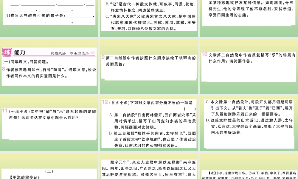(黄冈专版)九年级语文上册 第三单元 11 醉翁亭记作业课件 新人教版 课件