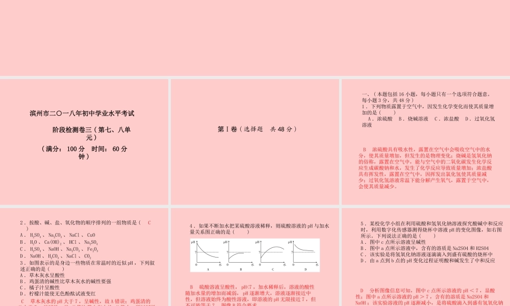 (滨州专版)中考化学总复习 第三部分 模拟检测 冲刺中考 阶段检测卷(三)课件 鲁教版 课件
