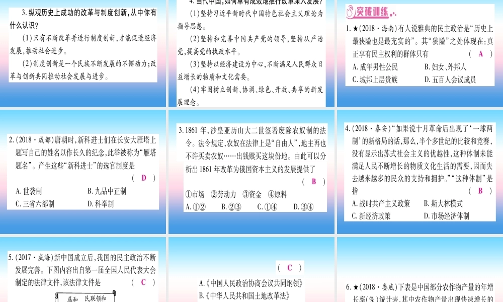 (甘肃专用)中考历史总复习 第二篇 知能综合提升 专题七 中外历史上的重大改革与制度创新课件