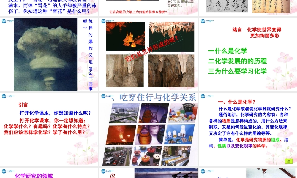 九年九年级化学上册 绪言 化学使世界变得更加绚丽多彩课件 (新版)新人教版 课件