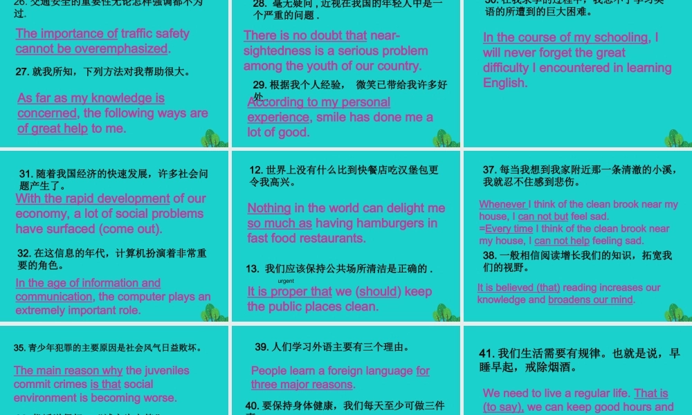 (江苏专用)高考英语一轮复习 高考写作6大增分锦囊与6类背诵宝典 6类背诵宝典 5书面表达必背60个好句子课件