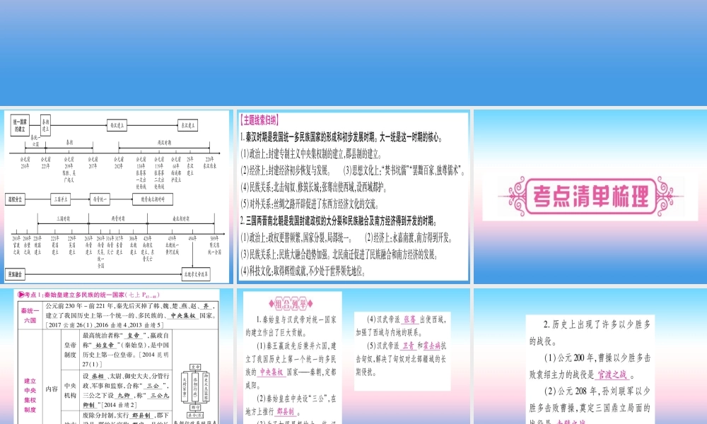 (云南专用)中考历史总复习 第一篇 考点系统复习 板块1 中国古代史 主题二 大一统国家的建立—秦汉 政权分立与民族交融—三国两晋南北朝(精讲)课件