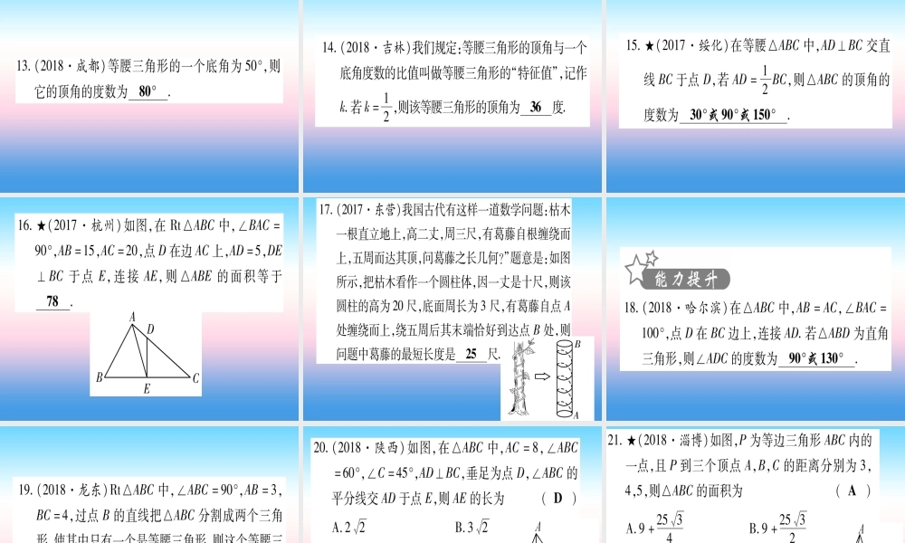 (甘肃专用)中考数学 第一轮 考点系统复习 第4章 三角形 第3节 等腰三角形与直角三角形作业课件