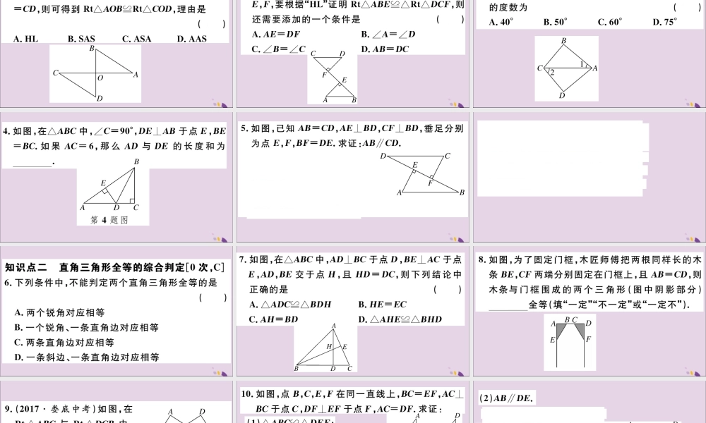 (河北专版)八年级数学上册 12.2 三角形全等的判定 第4课时 斜边、直角边 习题课件 (新版)新人教版 课件