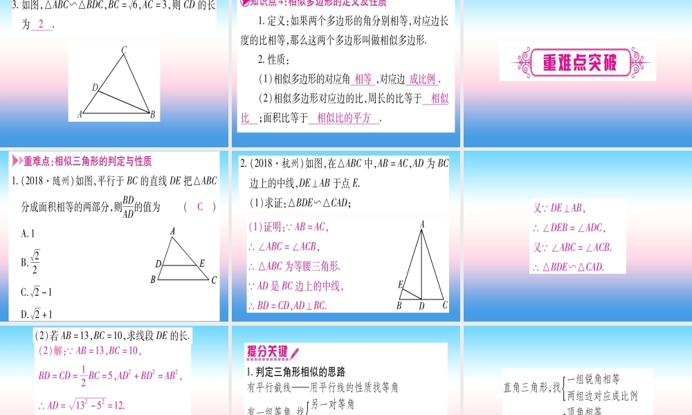 (湖北专版)中考数学总复习 第1轮 考点系统复习 第4章 三角形 第5节 相似三角形习题课件