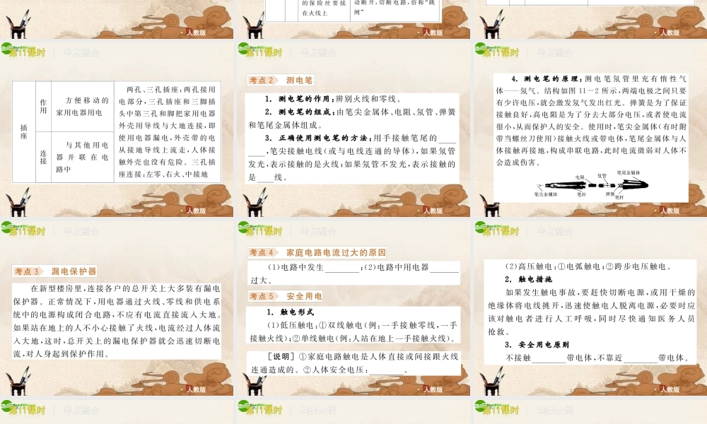 中考物理复习方案 第11课时家庭电路 安全用电课件 人教新课标版 课件
