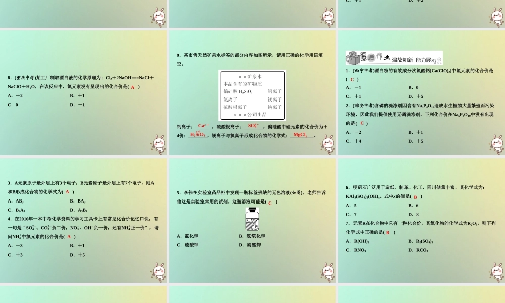 九年级化学上册 第4单元 自然界的水 课题4 化学式与化合价 第2课时 化合价作业课件 (新版)新人教版 课件