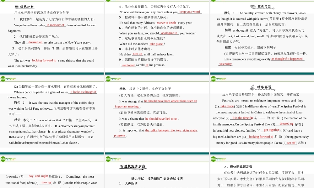 (高考风向标)高考英语一轮复习 Unit 1 Festivals around the world课件 新人教版必修3 课件