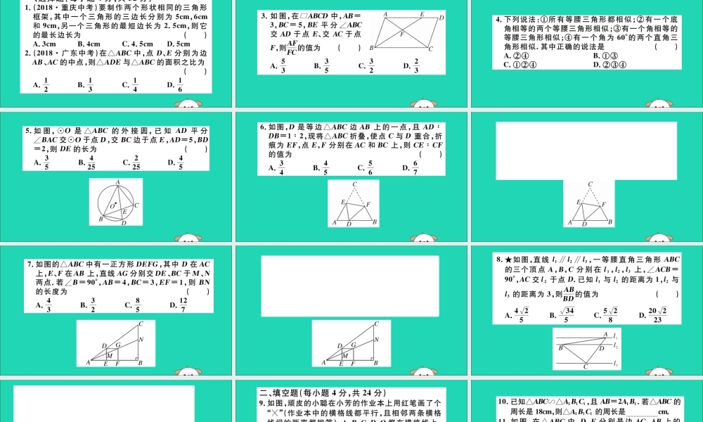 (湖北专用)九年级数学下册 综合滚动练习 相似三角形的性质与判定习题讲评课件 (新版)新人教版 课件