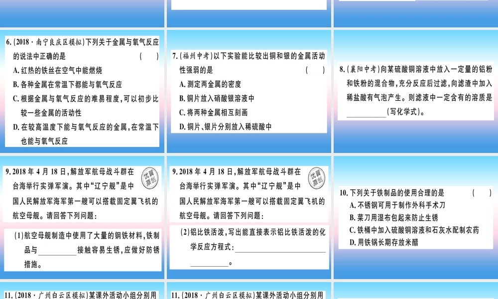 九年级化学下册 第八单元 金属和金属材料 实验活动4 金属的某些物理性质和化学性质习题课件 新人教版 课件