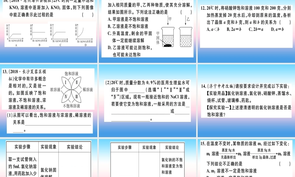 九年级化学下册 第九单元 溶液 课题2 第1课时 饱和溶液与不饱和溶液习题课件 新人教版 课件