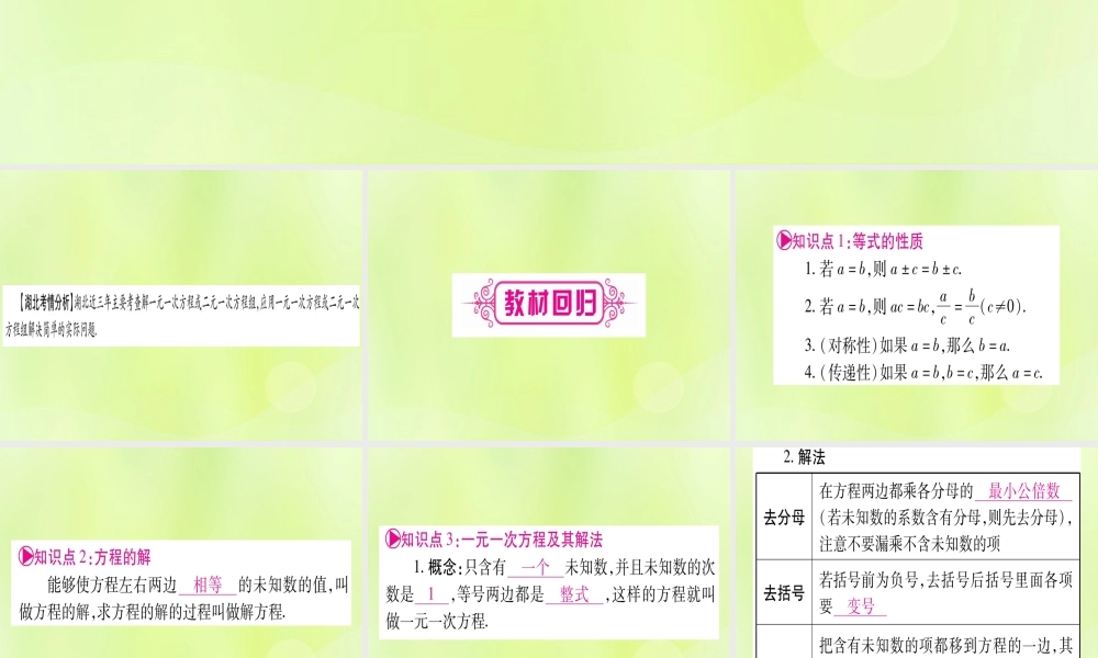 (湖北专用版)版中考数学优化复习 第2章 方程(组)与不等式(组)第1节 一次方程(组)及其应用实用课件