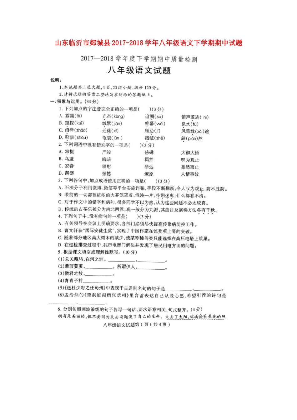 山东临沂市郯城县 八年级语文下学期期中试卷新人教版试卷_第1页