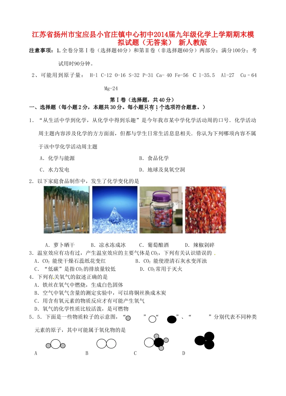 初中届九年级化学上学期期末模拟试题(无答案) 新人教版 试题_第1页