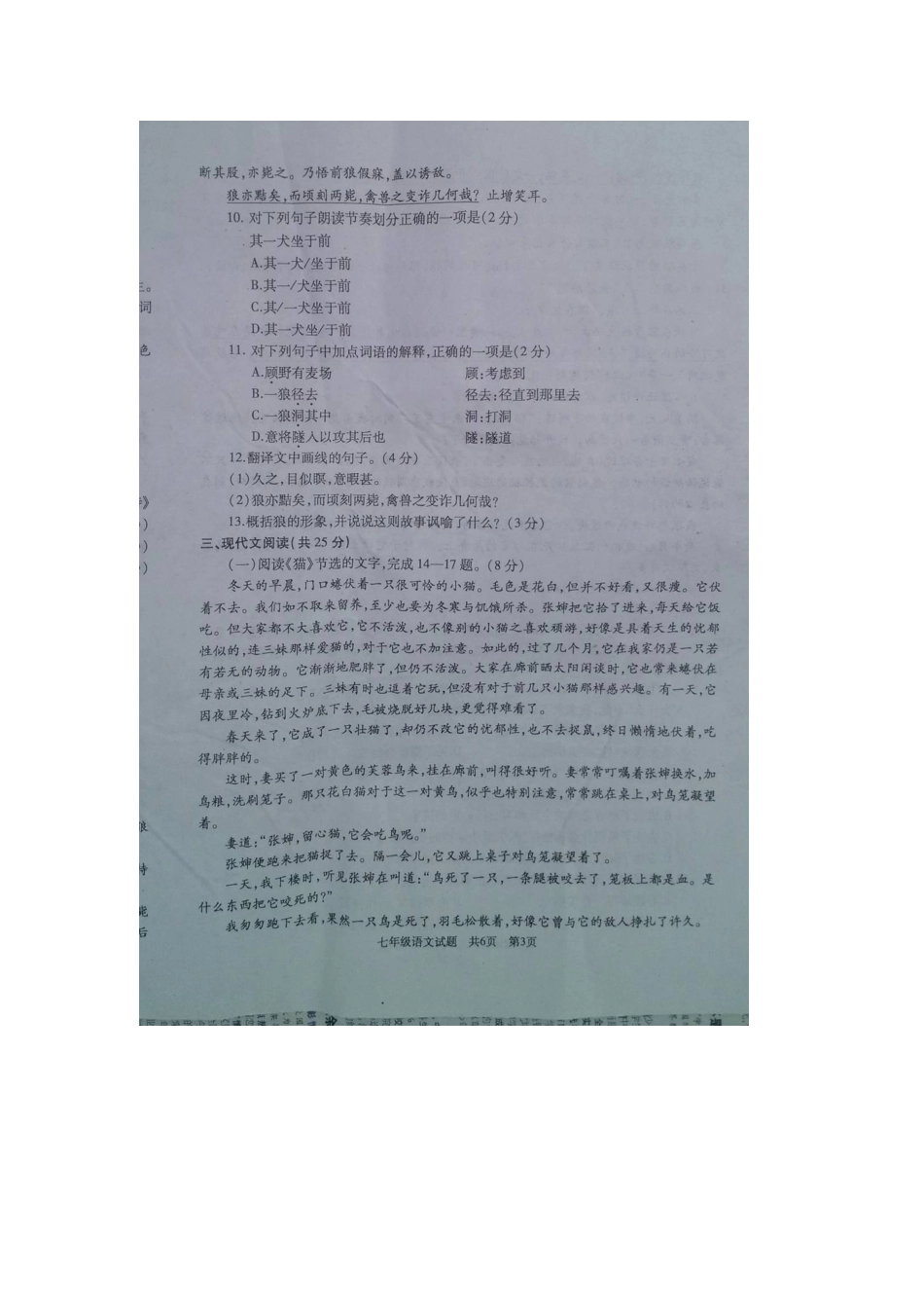 山东省曲阜市七年级语文下学期期末教学质量检测考试试卷试卷_第3页