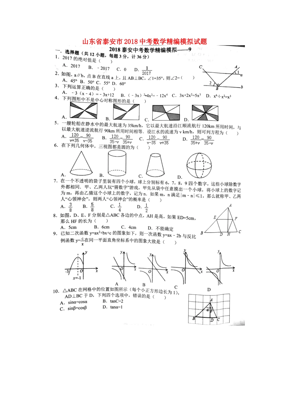 山东省泰安市中考数学精编模拟试卷9(扫描版，无答案)试卷_第1页